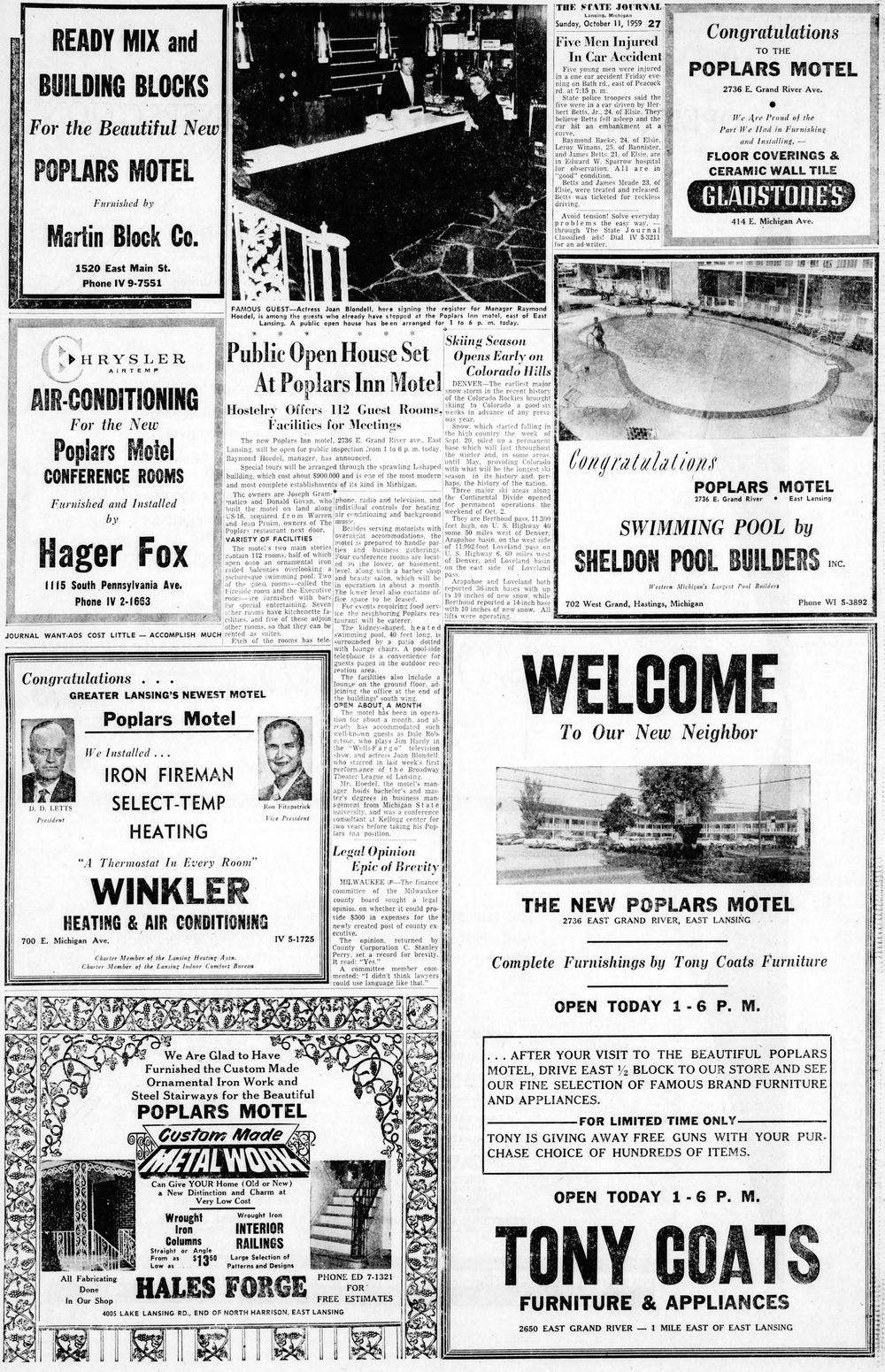 Poplars Motel (Clarion Pointe East) - Lansing State Journal Sun Oct 11 1959